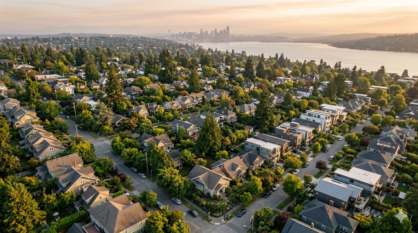 A wide aerial drone photograph of a Seattle residential neighborhood at golden hour, rows of craftsman and modern homes visible across gently sloping streets, lush Pacific Northwest greenery between properties, soft warm light catching rooftops, a sense of abundance and quiet activity.