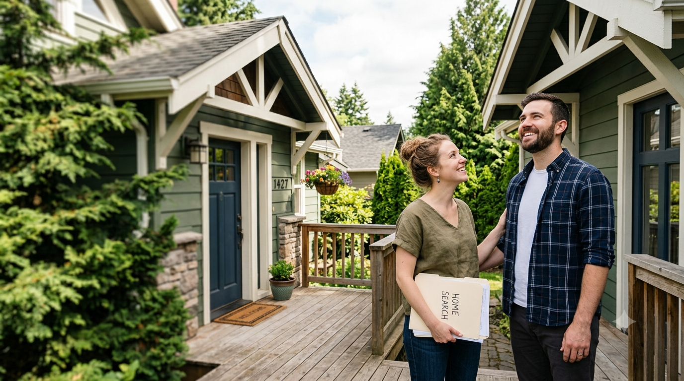 A hopeful couple on the porch of a Seattle-area home, restarting their search during a more buyer-friendly summer market.