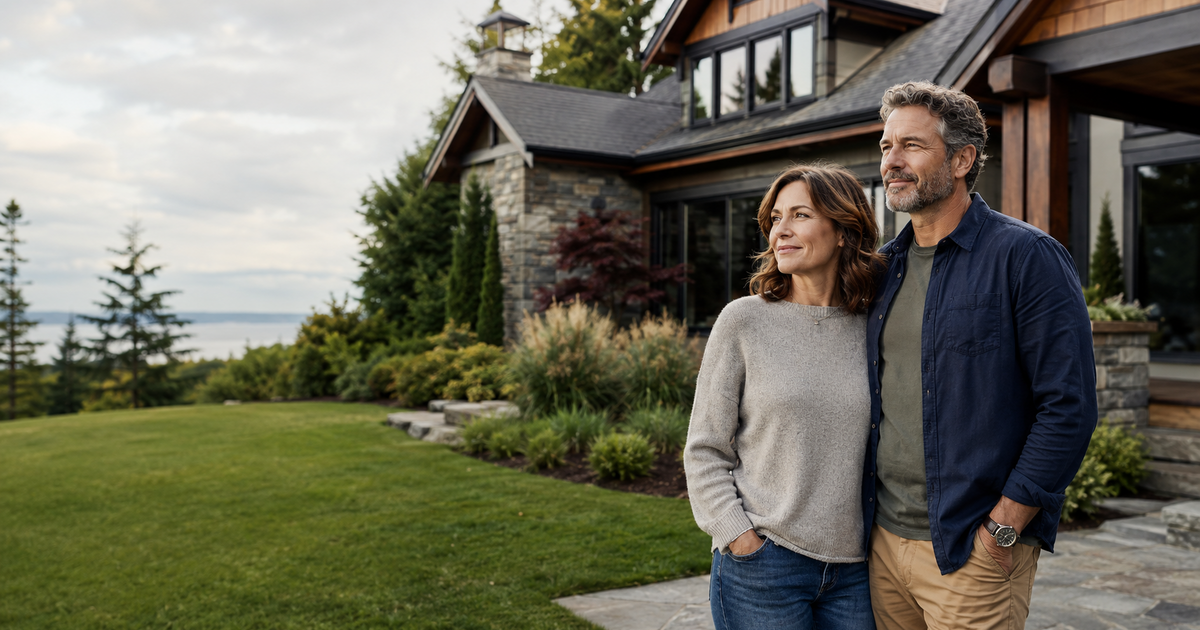 a relaxed, confident middle-aged person or couple standing in front of a beautiful Pacific Northwest home they've just purchased, calm and assured while others stress about rates.