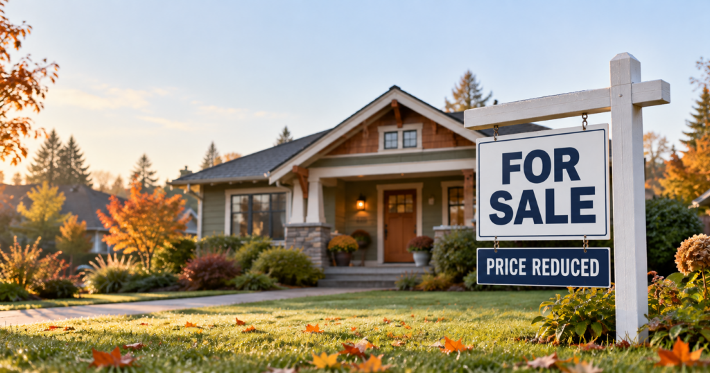 A price-reduced for-sale sign outside a Seattle-area home, representing rising price cuts in the 2026 market.
