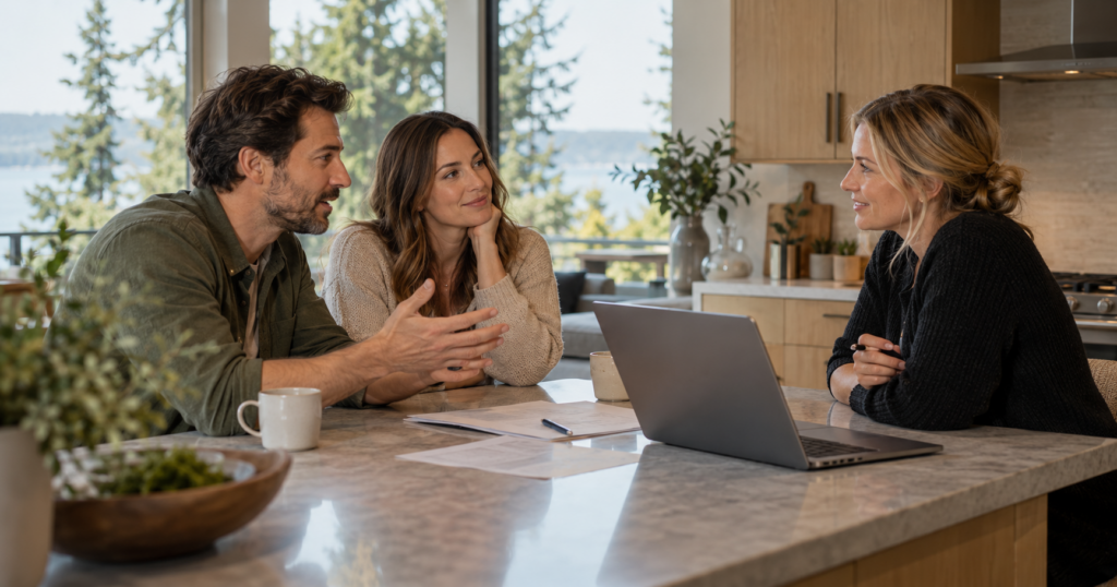 A homebuyer couple and a seller negotiating at a kitchen island in a Puget Sound home as price cuts open room to deal.